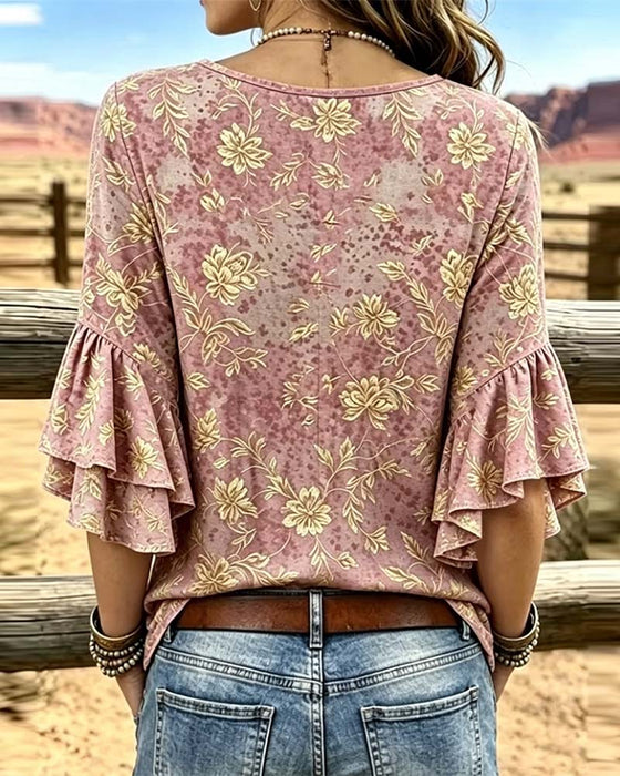 Blouse Imprimé Rétro Ample Volantée