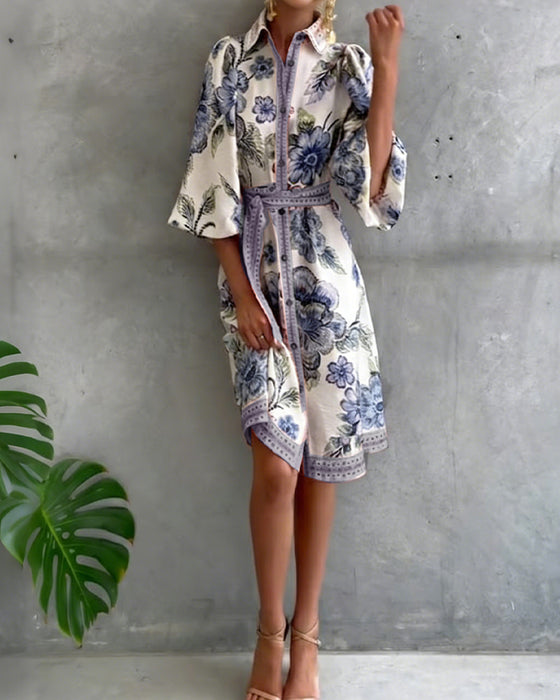 Robe Manche Lanterne Col Cranté Imprimé