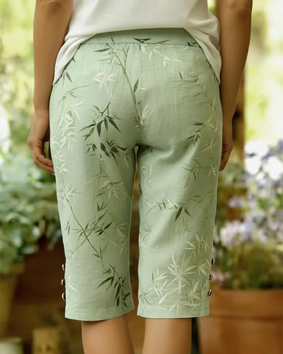 Pantalon Feuille De Bambou Fente Bouton Coupe