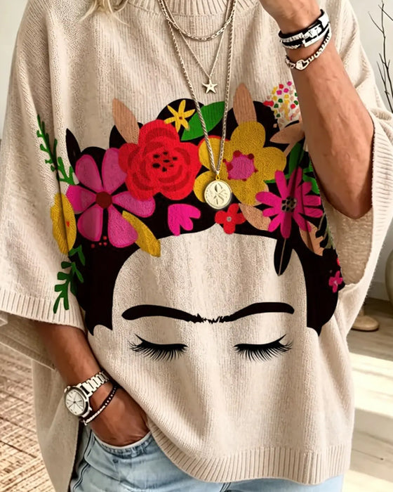 Coupe Loose Visage Imprimé Floral Pullover