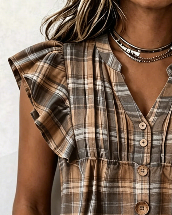 Blouse Marron Gingham Manche Volantée