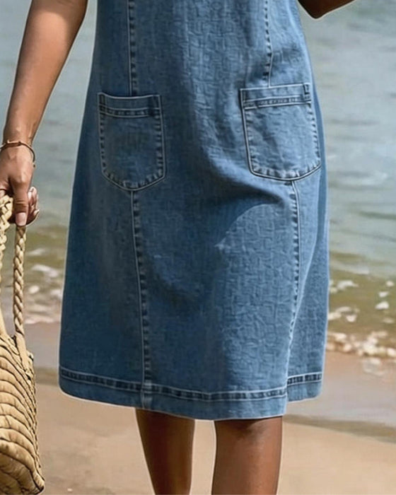 Robe Jean Petite Col En V Sans Manches