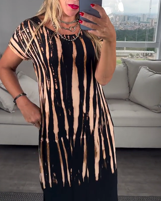 Robe décontractée à manches courtes fendue col rond imprimée