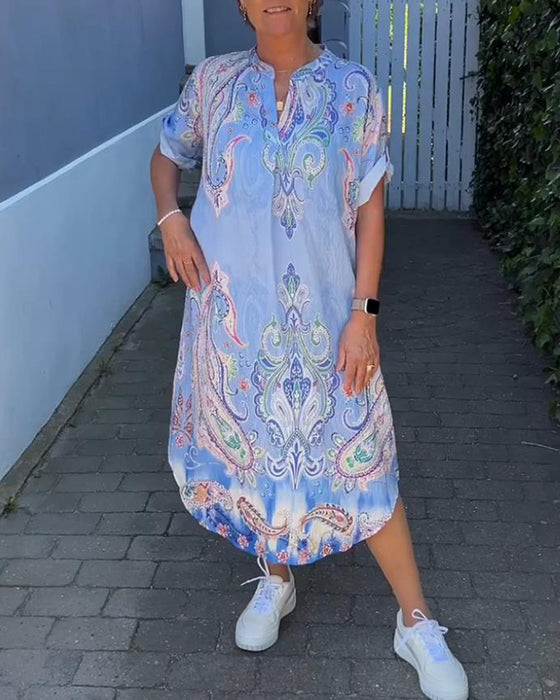 Robe imprimée à col en V et manches repliées