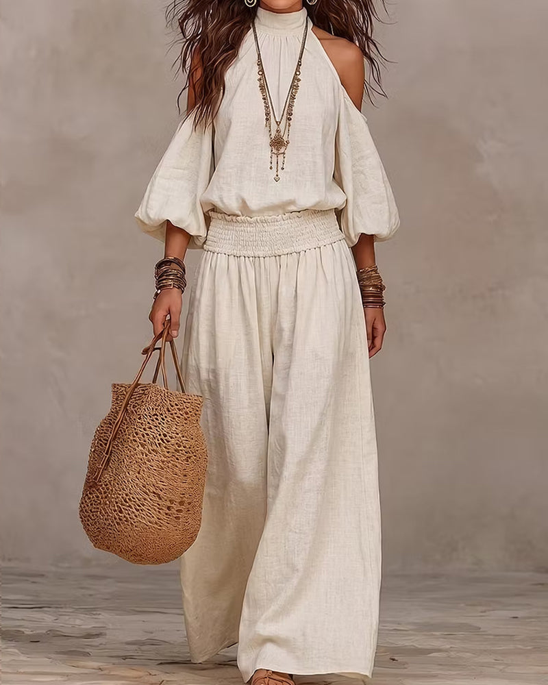 Ensemble Hors-Épaule Manches Longues Froncé Pantalon
