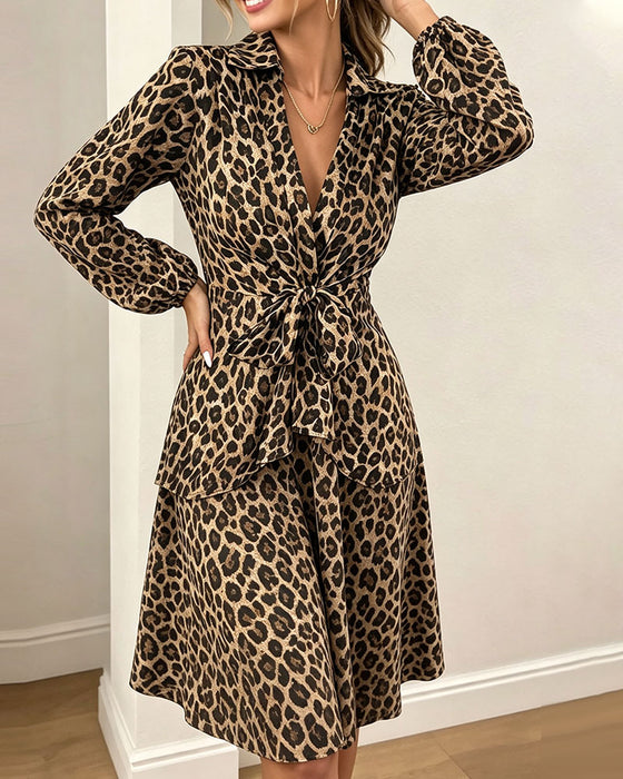 Robe Imprimé Léopard Revers Taille Sangle Chemise