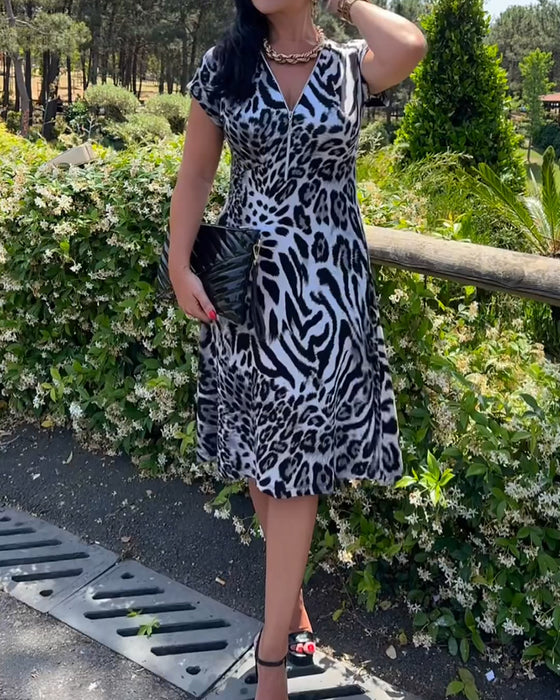 Robe Col V Fermeture Éclair Imprimé Léopard