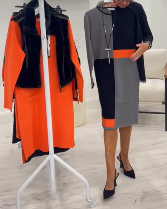 Robe élégante à col rond et à quatre carrés assortis de couleurs