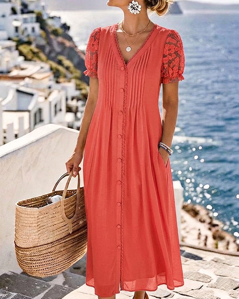 Robe Col En V Bordée De Dentelle Manche Bouffante