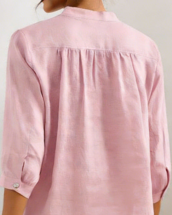 Blouse Décontracté Coton Uni Couleur Col en V