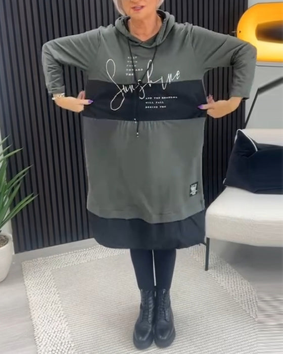 Robe décontractée à capuche avec imprimé lettres en blocs de couleurs et poche