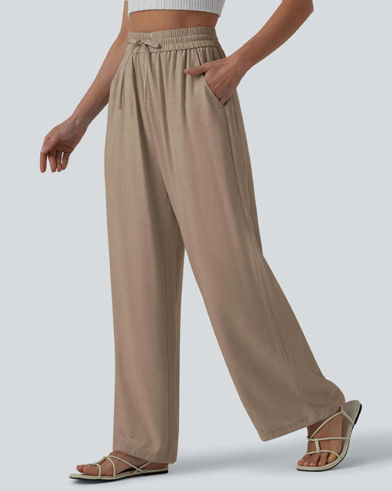 Pantalon Taille Élastique Jambe Large Attacher Décontracté