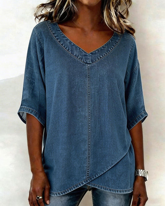 Haut Col V Décontracté Denim