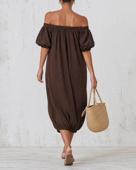 Robe Off-Épaule Manche Bouffante Poche