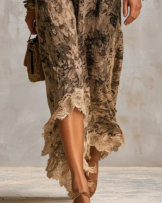 Robe Col En V Dentelle Patchwork Asymétrique