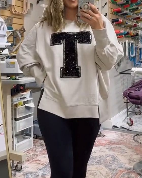 Sweatshirt Design T Paillettes Brodé Col Rond