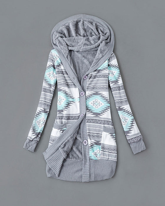 Manteau Imprimé À Capuche Boutonné
