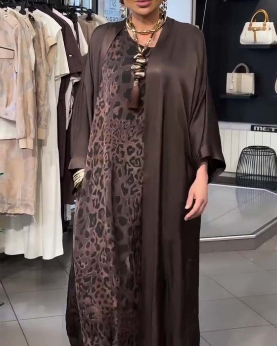 Ensembles Léopard Bretelle Spaghetti Robe Longue Et Cardigan