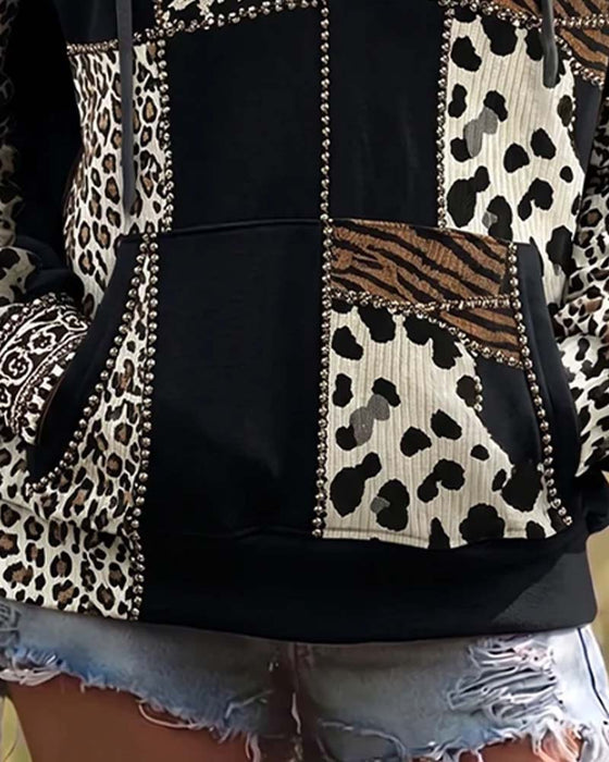Sweat À Capuche Imprimé Léopard Patchwork Décontracté