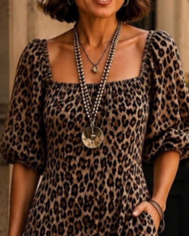 Robe Col Carré Léopard Mode