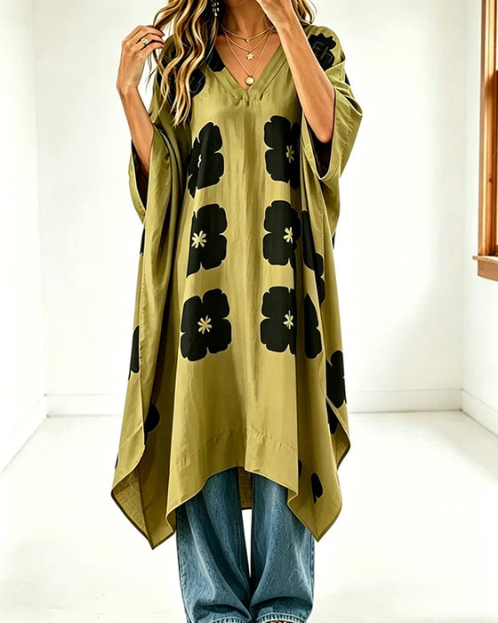 Robe Imprimé Col En V Manche Chauve-Souris Coupe Loose