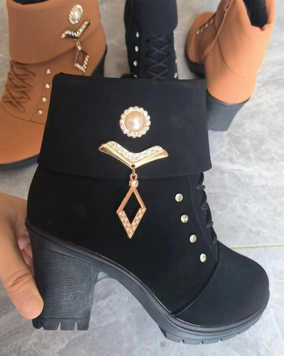 Bottines À Talons Larges Pour Femmes Avec Décor Strass