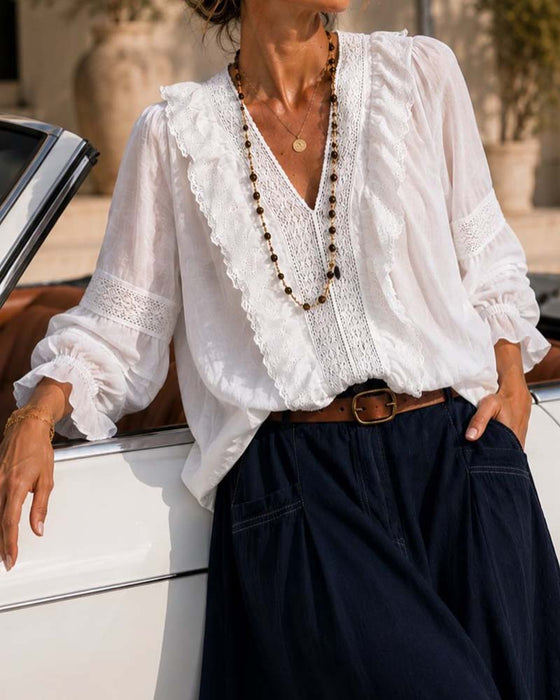 Blouse Col-V Uni En Dentelle
