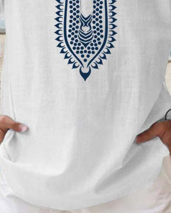 Chemises Ethnique Bleu Imprimé Col Mandarin