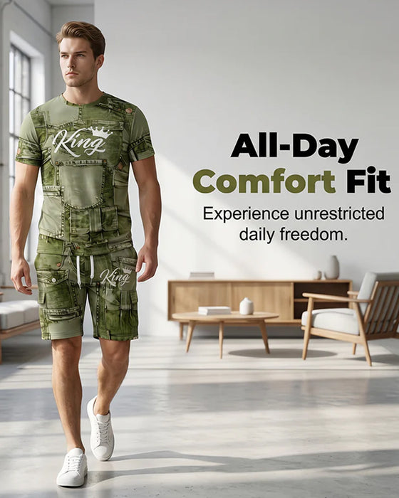 Ensemble Homme Avec T-Shirt Monogramme Col Rond Et Short À Cordon De Serrage