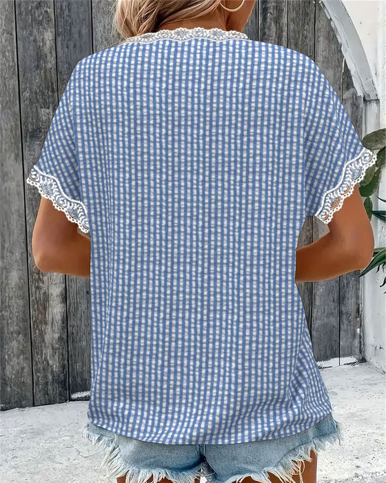 Blouse Col Rond Patchwork En Dentelle Rayée