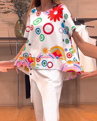 Haut décontracté imprimé à col rond et manches courtes