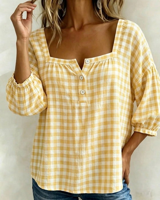 Blouse Col Carré Boutonnage Ecossais