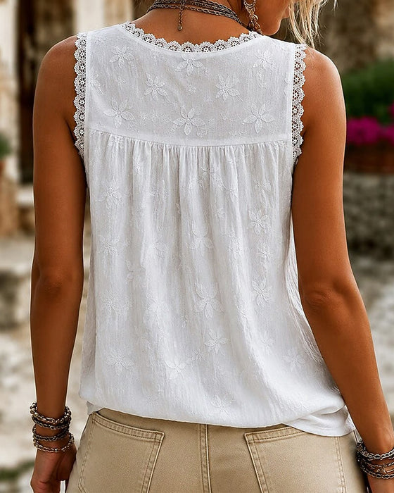 Débardeur Col-V Uni Dentelle