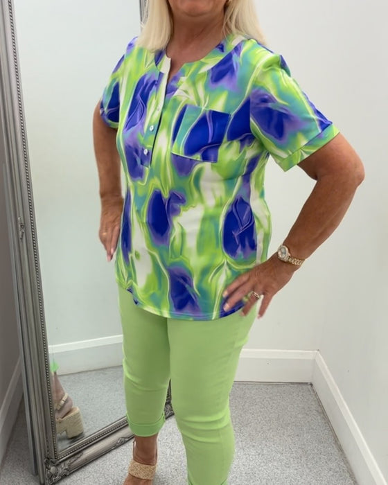 Blouse Col Henley Imprimé Ombre Manches Courtes Poche
