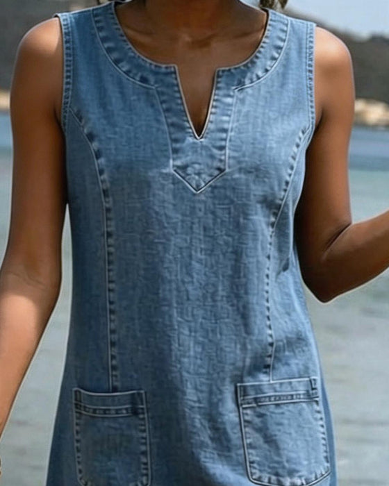 Robe Jean Petite Col En V Sans Manches