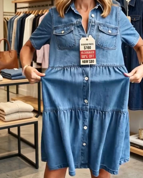 Robe Denim Volant Superposé Manches Courtes