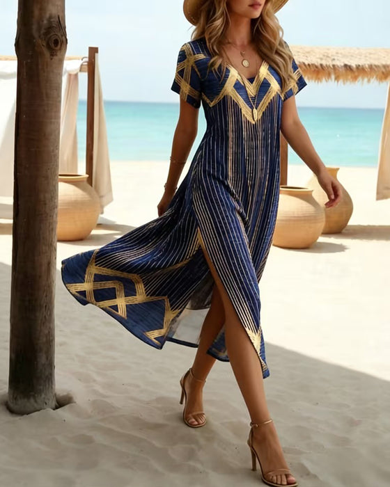 Robe Col V Imprimé Vacances Maxi