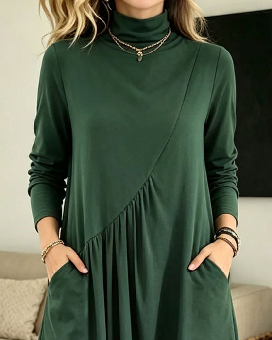 Robe Col Roulé Froncé Poche Maxi