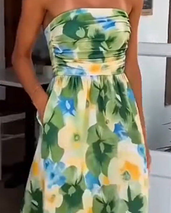 Robe Florale Sans Bretelles Taille A-Ligne