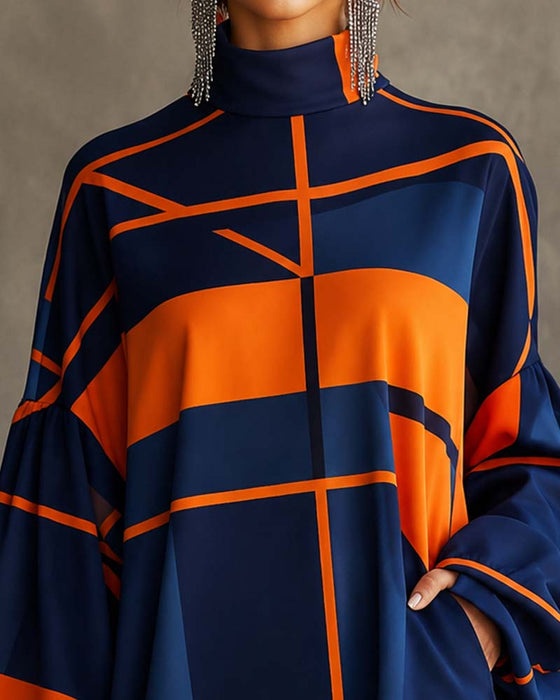 Robe Contraste De Couleur Col Roulé Manche Lanterne