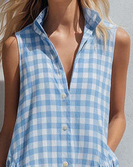 Robe Revers Bleu Et Blanc À Carreaux Sans Manches