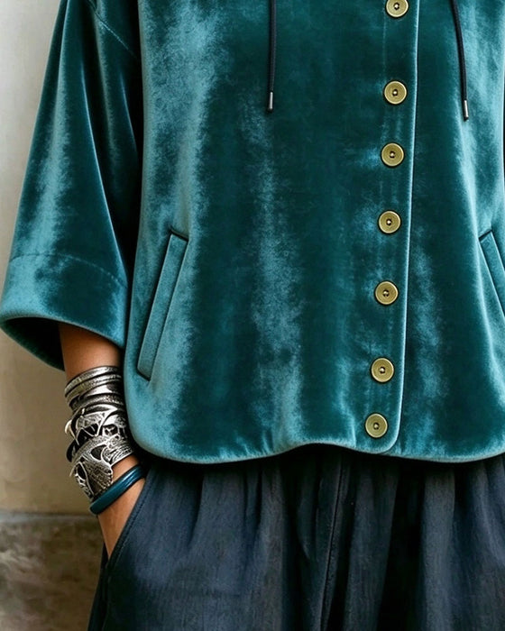 Manteau Capuche Demi-Manche Bouton Asymétrique Velours