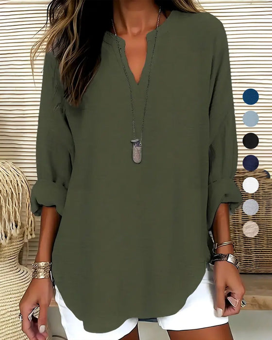 Blouse Col En V Irrégulière Unie Manches Longues