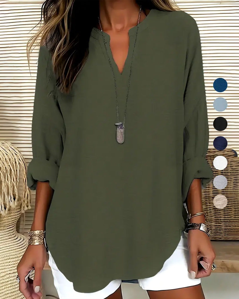 Blouse Col En V Irrégulière Unie Manches Longues