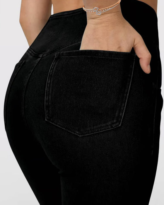 Pantalon Haute Élasticité Mode Poche Évasé
