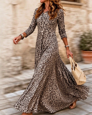 Robe Manches Longues Imprimé Léopard Mode