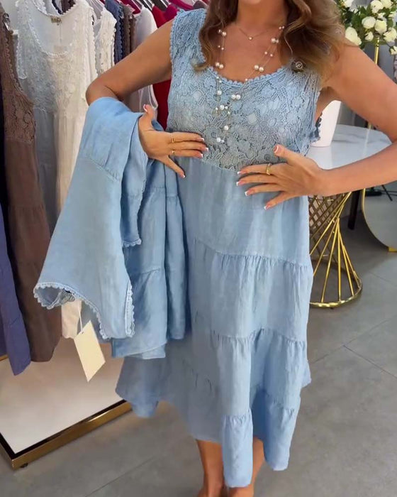 Robe Col Rond Sans Manches Dentelle Superposée