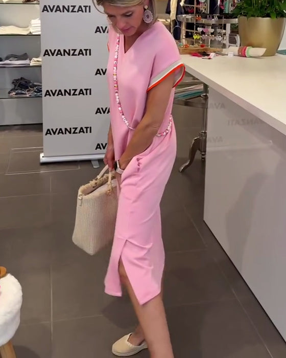 Robe Manches Feuille De Lotus Encolure V Fente Décontractée