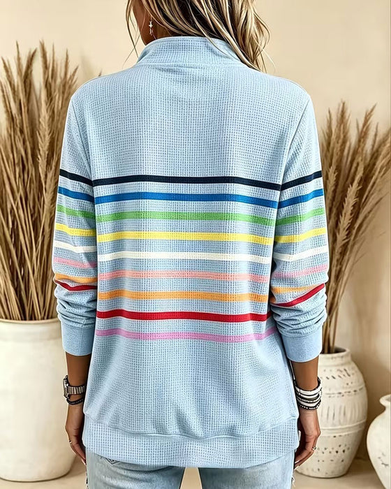 Sweatshirt Col Montant Fermeture Éclair Rayée