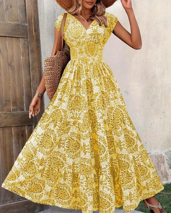 Robe Rétro Imprimé Col En V Taille Cintrée Longue